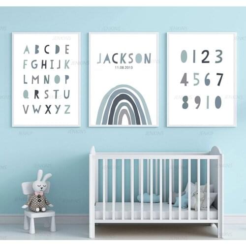 Canvas Painting Rainbow Baby Name Birth Date Nursery Wall Art Poster Print Pictures Gift for Baby Room Home Decor