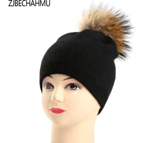 ZJBECHAHMU cashmere knitted thick warm winter beanie natural raccoon fur hat female skullies casual caps pompons hats for women