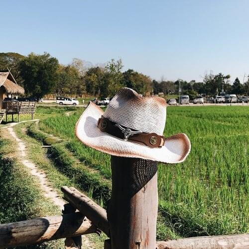 Mens and Womens Personality Handsome Hippie Vacation Beach Hat Western Cowboy Retro Straw Hat Outdoor Sun Protection Sun Hat