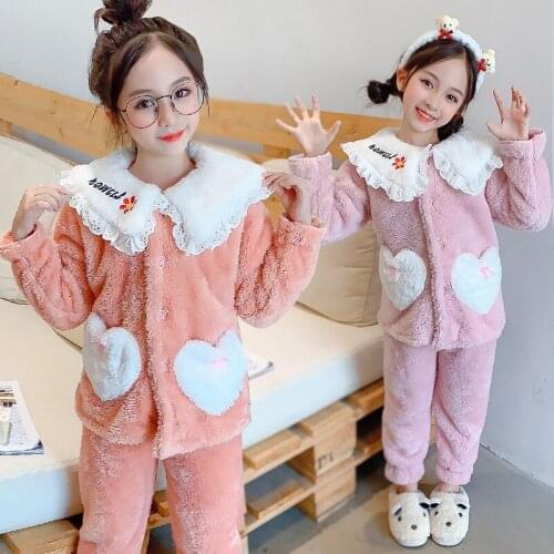 New Sets Baby Boys/Girls Pajamas Children Sleepwear Winter Coral Fleece Kids Homewear Suit Pink 2 Piece Set Costume With Lapel