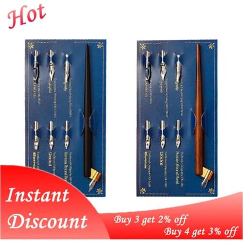 OOTDTY Wood Manga Calligraphy Dip Pen Holder+6 Nibs for Lettering Sketching Drawing Kit fountain pens