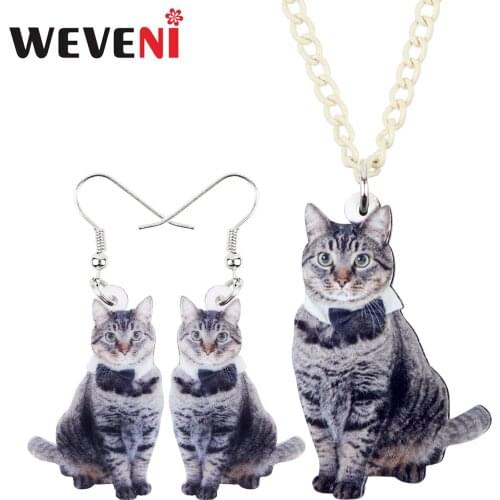 WEVENI Original Acrylic Bowknot Grey Cat Kitten Earrings Necklace Chain Collar Trendy Animal Jewelry Sets For Women Girls Pets