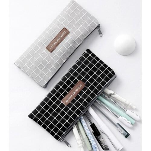 Kawaii simple grid dot canvas Pencil Bag Stationery Storage Organizer Pencil Case School Supply