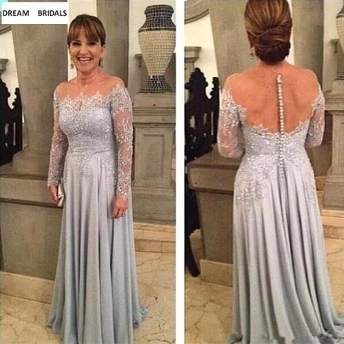 Long Sleeves Gray Mother of The Bride Dresses for Weddings A Line Appliques Beading Lace Formal Dress Bride