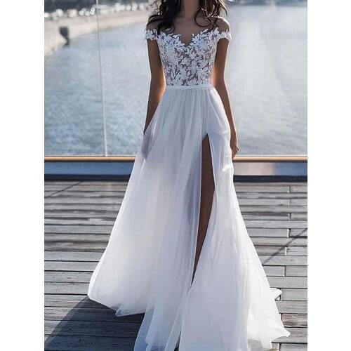 Women A-line Wedding Dresses Round Neck Skin Tone Net Tulle Luxury Lace Slit Sleeveless Beach Gowns Bridal Gown 2021