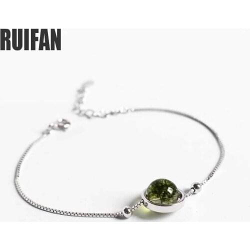 Ruifan Round Natural Green Ghost Stone Crystal Bracelets Ladies 925 Sterling Silver Box Chain Bracelet for Women Jewelry YBR092