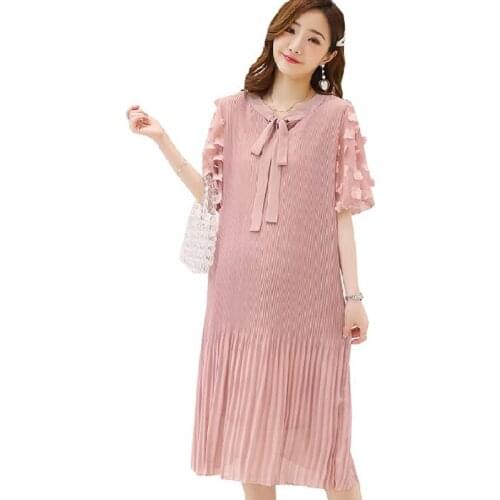 Bow Chiffon Pleated Maternity Party Dress Long Sweet Lovely Clothes for Pregnant Women Fashion Summer Dress Loose Free Shipping