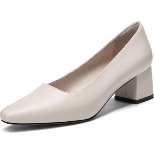 Spring Women Pumps Elegant Office Lady Genuine Cow Leather Sheepskin Inside Black Beige Apricot Square Toe High Thick Heels G340