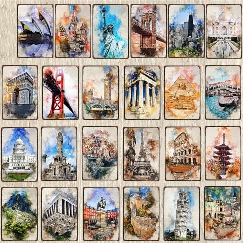 World Famous City Building Tin Sign Art Graffiti Metal Poster Painting Retro Decor For Bar Cafe Home Iron Plaques Plate Decor
