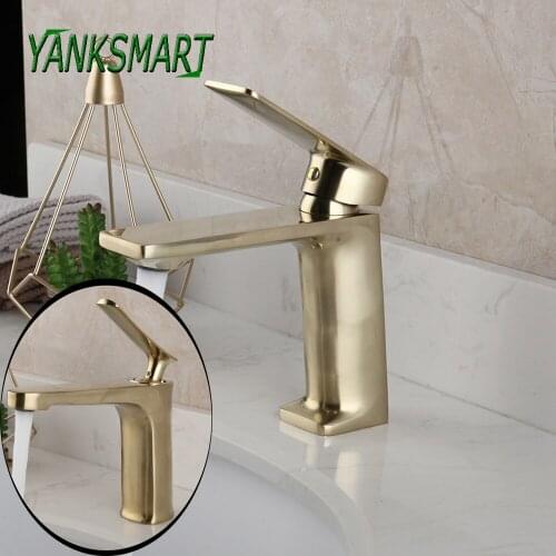 YANKSMART Brushed Gold Bathroom Basin Sink Single Handle Faucet Solid Brass Deck Mounted Washbasin Faucets Cold & Hot Mixer Tap