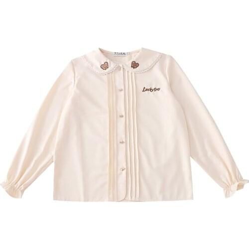 Bear Embroidery Chic Single Breasted Harakuju Shirt Women 2021 Autumn Peter Pan Collar Flare Sleeve Ladeis Basic Sweet Cute Tops