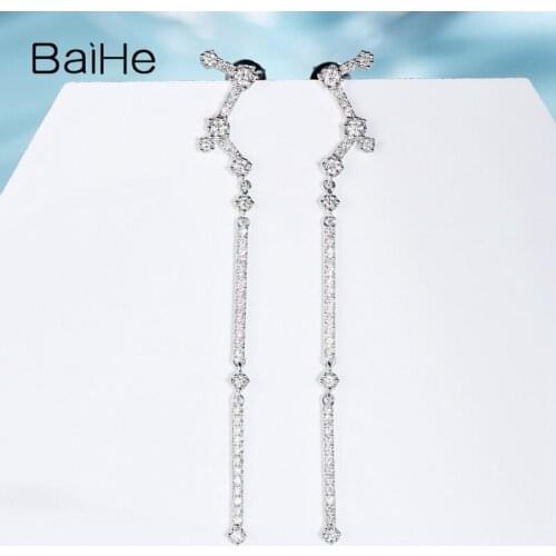 BAIHE Solid 14K White Gold 0.46ct H/SI Round Natural Diamonds серьги Wedding сережки Fine Jewelry Stud Earrings For Women