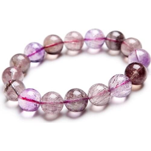 12mm Genuine Natural Purple Rutilated Quartz Melody Stone Transparent Clear Charm Stretch Bracelets Crystal Round Beads Bracelet