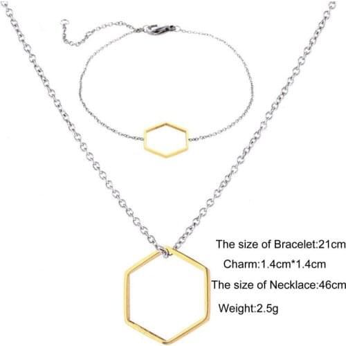 2 Pcs/Sets Fashion Jewelry Sets Gold&Sliver Plated Hollow hexagonal pendant Stainless Steel Necklace Sets Jewelry Accessories