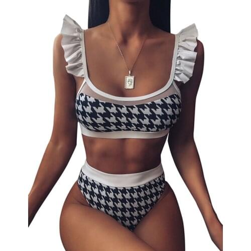 2020 Summer Women Swimwear Ladies Sexy Swimsuit Bikini Ruffle Shoulder Plaid Printing Two Piece Bikini Set Swimwear Beachwear