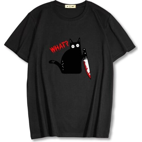2021 Summer 100% Cotton Mens T-shirt knife Cat Print Short Sleeve T shirt Casual loose Cat Men Tshirt O-neck T-shirt Tops Tee