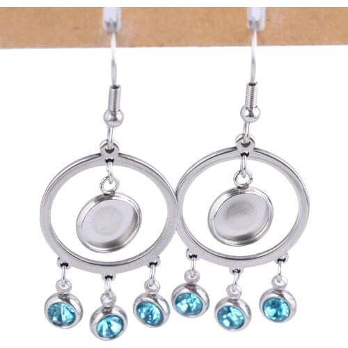 6pcs stainless steel dangle earring base blanks with rhinestone charms 8mm dia bezel setting trays for earrings jewelry making