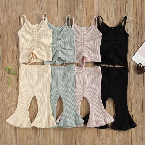 Baby Girl Drawstring Decoration Simple Style Sleeveless Camisole Tops Flared Pants Summer Clothing Girls Outfits