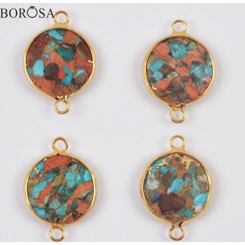 BOROSA Gold Round Natural Coral Turquoises Necklace Pendant Fashion Gems Stone Beads Connector diy for Bracelets Jewelry G2008