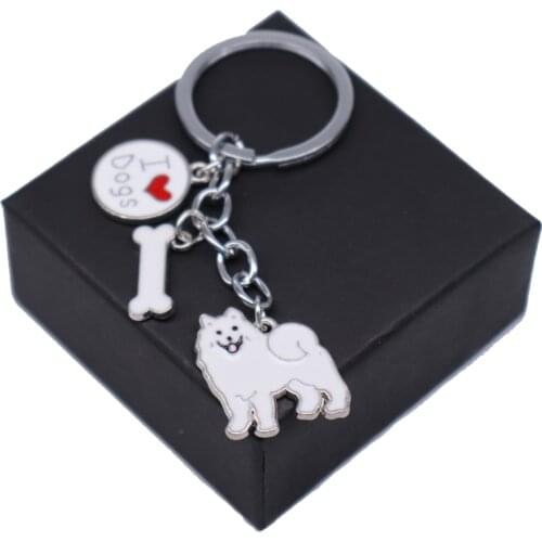 Women Bags Car Making Metal Alloy White Enamel Love Dog Bone Samoyed Keychains Pet Animal Jewelry Custom Fashion
