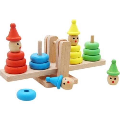 Wooden Clown Rainbow Stacker Seesaw Balance Scale Board Balancing Game Kids Early Education Toys for Children