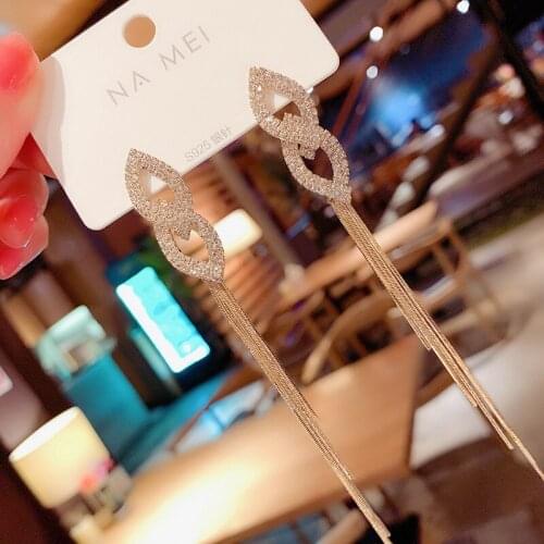 Micro set full diamond long tassel earrings female studs light luxury fashion personality of Korean temperament earrings