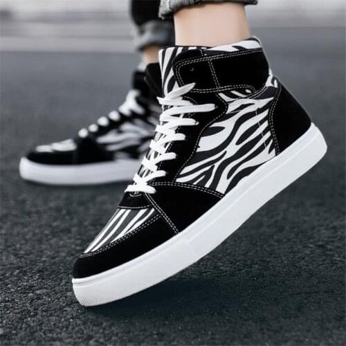 Men Casual Shoes Tenis Masculino High Top Man Sneakers Zebra Pattern Male Canvas Shoes Outdoor Flats Non-slip Men Shoes Size 47