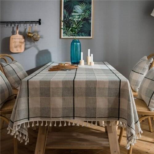Classic Grey Checkered Embroidery Tassel Tablecloth Cotton Linen Rectangular Coffee Table Cover
