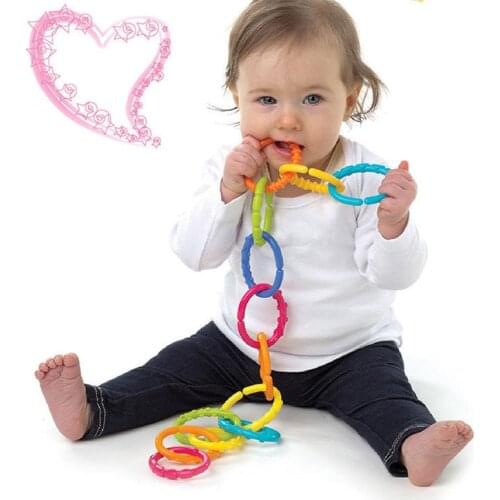HOT 6pcs/set Baby Toys 0-12 Months Rainbow QQ Kids Molars Ring Teether Activity Teddy Chain Clutch Ring Apron Squishy Gift Doll