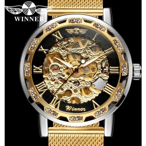 WINNER Hand Wind Mechanical Men Wristwatch Military Sport Male Clock Top Brand Luxury Skeleton Mesh Steel Man Watch Gift 8012