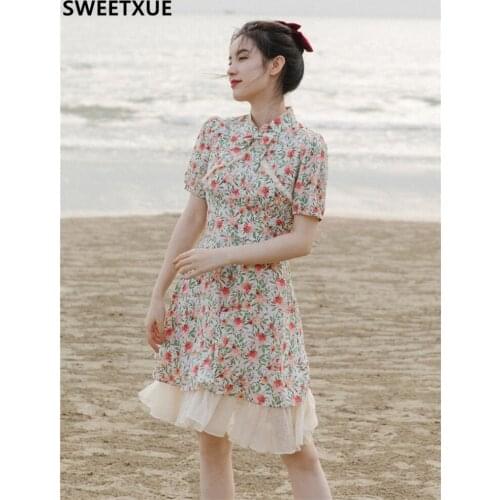 SWEETXUE French Vintage Temperament Print Girly Sweet Oil Painting Chic Dress Female Summer Womens Ruffle Mini Dress Vestidos