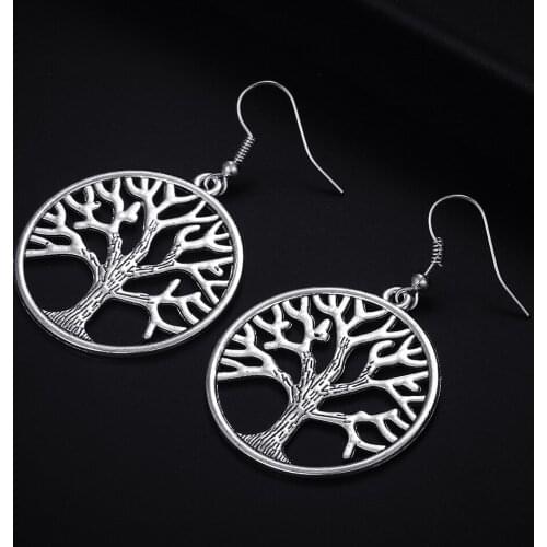 Trendy Vintage Life Tree Shape Dangle Antique Silver Plated Earrings for Women Girl Retro Drop Earrings Cute Earring Jewelry