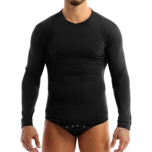 MSemis Men Adults Solid Color Bodysuit Romper Lingerie Round Neck Long Sleeves Pressed Crotch T-shirt Top Gym Sports Clothing