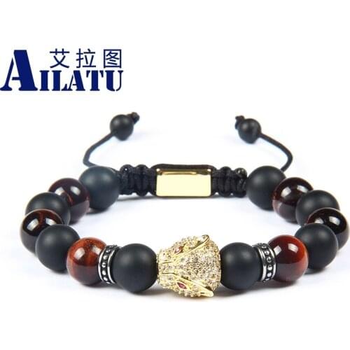Men Jewelry 10mm Natural Matte Onyx & Tiger Eye Stone with Micro Pave CZ Big Leopard Bracelets Friendship gift