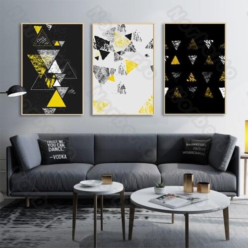 Nordic Style Canvas Painting Poster Black and White Background Pictures Gray Yellow Triangles for Home Rooms Wall Vintage Decora