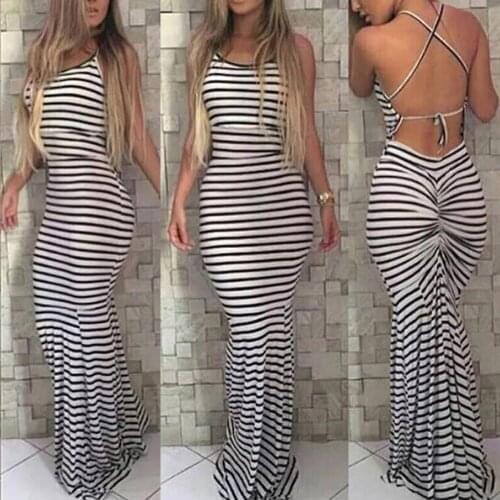 Dresses New Women Sexy Summer Striped Skinny Sheth Backless Boho Maxi Long Party Beach Dress Women Clothing Summer