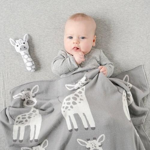Lovely Giraffe Koala Super Soft Cotton Knitted Baby Blanket, Grey Animals Pattern Knitting Newborn Swaddle, Infant crib Quilt