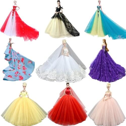 NK Mixed Newest Doll Dress High quality Handmade Long Tail Evening Gown Clothes Lace Wedding Dress For Barbie Doll Best Gift JJ