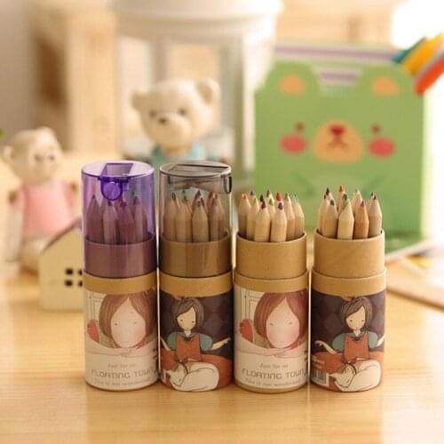 12 pcs/lot Floating Girl Wooden Colored Pencil Set with Sharpener Natural Wood Pencil Coloring Pencil for Drawing Painting