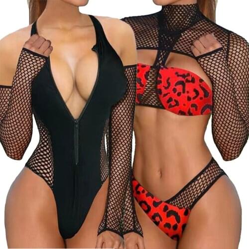 Sexy Long Sleeve High Cut Out Bikini Set Leopard Zipper One Piece Swimsuit Hollow Out Swimwear Women Splicing Mesh Bathing Suit