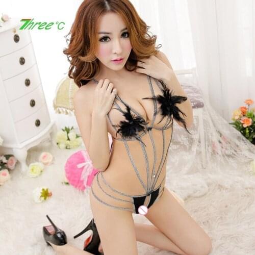 Sexy Bodysuit Silver Ribbon Bandage Black Feather Bodycon Erotic Lingerie Sexy Three-point Pajamas Perspective Hollow Outfit