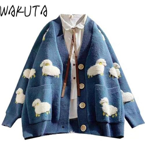 WAKUTA Kawaii Sheep Printting Knitted Thick Cardigans Preppy Style Single Breasted Long Sleeve Cardigans Loose Student Tops 2020