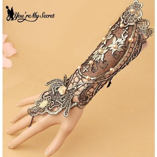 [You're My Secret] Gold Glove Chain Women Bracelet Vintage Lace-set Pearl Gothic Jewelry For Female Hallow Wristband