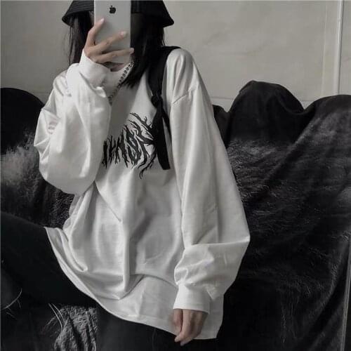Womens autumn clothes Korean version of ins retro printing wild loose bf round neck long sleeve T-shirt white shirt