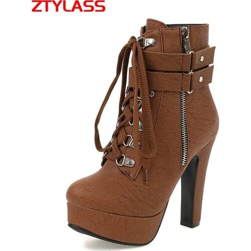 2021 New Autumn Winter Platform Shoes Women Fashion Zipper Square High Heel Ankle Boots Ladies Cross Tied Round Toe Short Boots