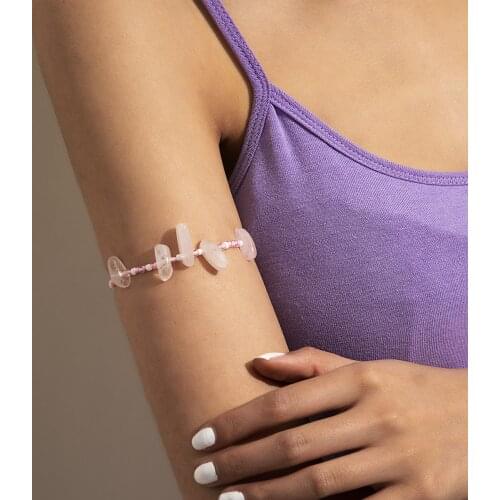 Bohemian single layer simple pink rice bead pastoral fresh holiday style special-shaped imitation crystal arm bracelet for women