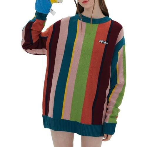 Rainbow Striped Sweaters Women Thick Warm Winter Long Sleeve Knitted Pullover Sweater Fashion Printed Hip Hop Ladies Streetwear