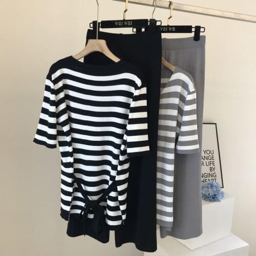 2021 Autumn Fashion Knitted Two Piece Set Womens Striped O-Neck Pullovers Tops and Wide-Leg Pants Suits Casual Tracksuit Q304