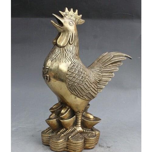 Zhmui8800284003++10" Folk China FengShui Brass Carved Wealth Coin YuanBao Fu Rooster Cock Statue
