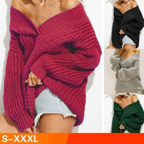 2019 Brand New Women Fashion Sweater Slash Neck Long Sleeve Sexy Sweater Winter Outwear Plus Size Knitted Pullover Sueter Mujer